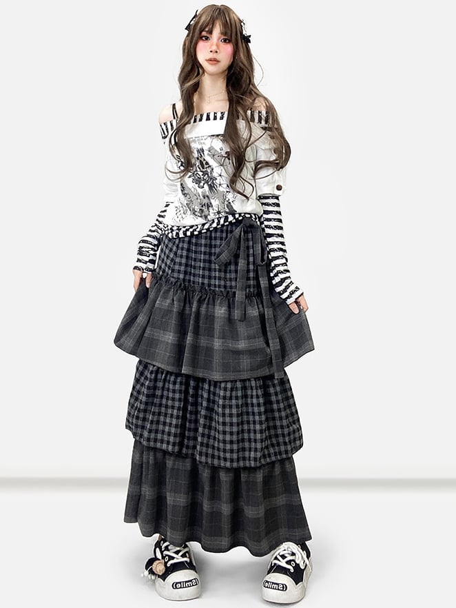 Gestreifte Ärmel WeißSchwarz Top Design Druckmuster Ausschnitt Lang Off-the-shoulder