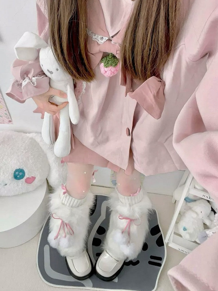 Faux Fur Pompom Ribbon Bow Leg Warmers 3-Color - Two Bear Pink