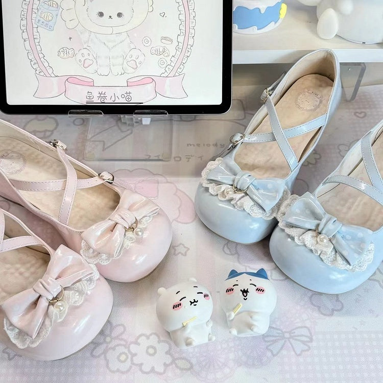Blue Straps Sweet Trim with Heels Low 2.5cm Lace PU Crisscross Lolita