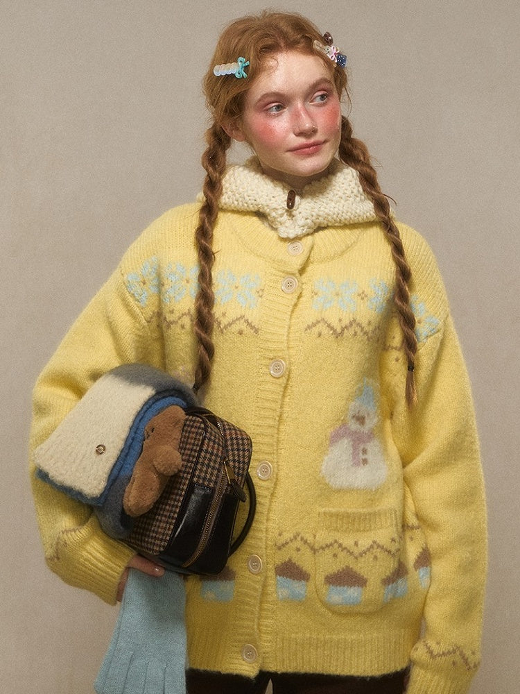 Snowman Charm Cardigan Knit Button-Front - Kawaii Yellow/Black/Pink Vintage Jacquard