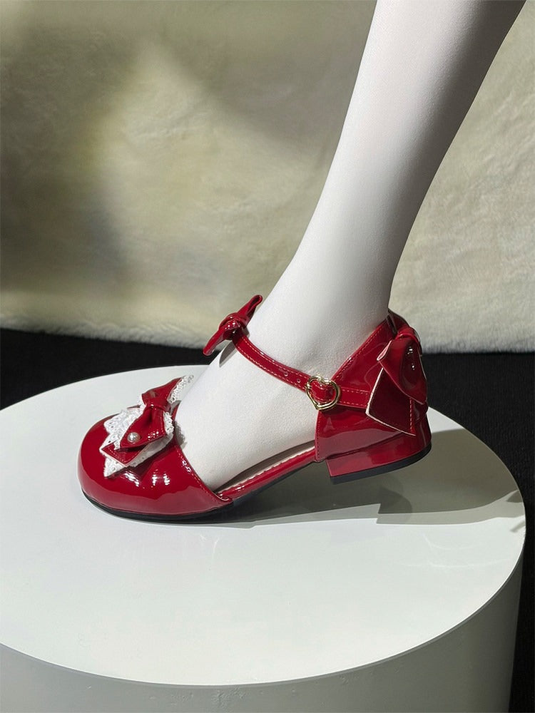Red Bow Lace Round-Toe Low Heels with Heart Buckle - Fairy Godmother