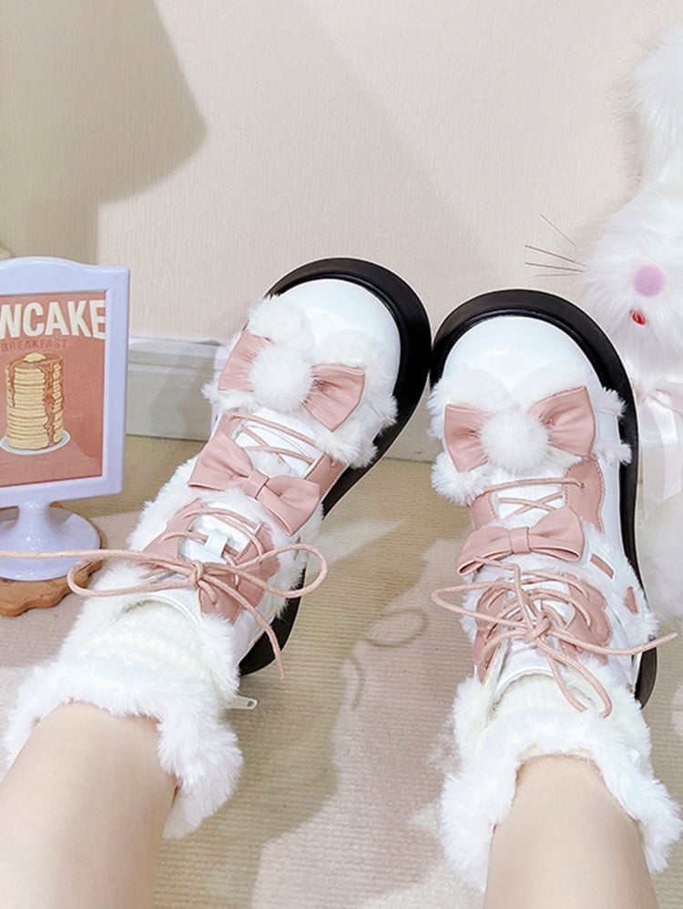 Weiße Plüsch-Stiefeletten aus Fleece mit Hasenohren und Schleife und Plateausohle