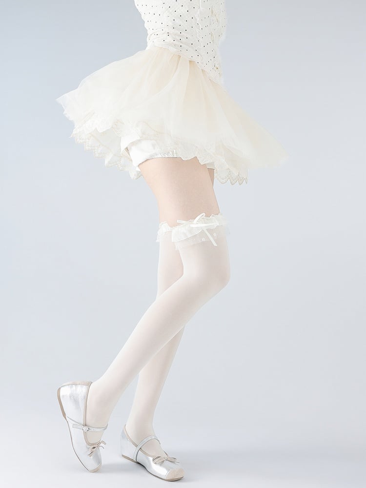 Yellow White/Black/Creamy Frill Bow Decoration Stockings Velvet Lolita