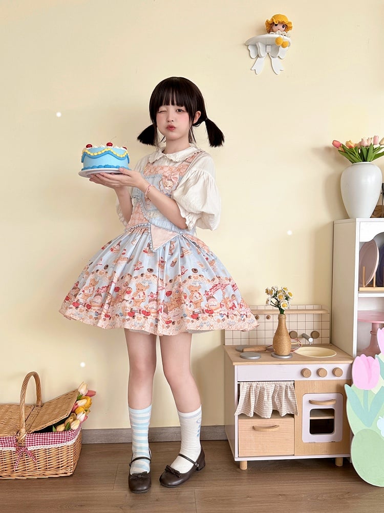 Blaues süßes Teddybär- und Dessert-Lolita-Overallkleid