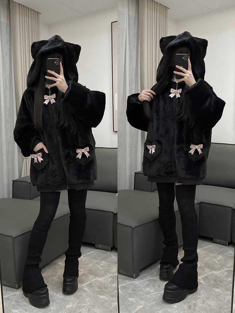 12 Kitty-Ear Jacket Bows Detachable Hooded with Pompom Jirai Available Colors Plush Kei