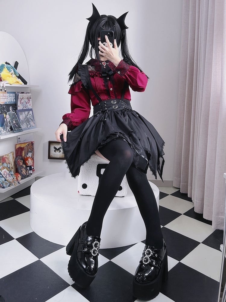 ジライケイ ワインレッド コウモリの羽根型襟 レースパッチ 地雷風シャツ