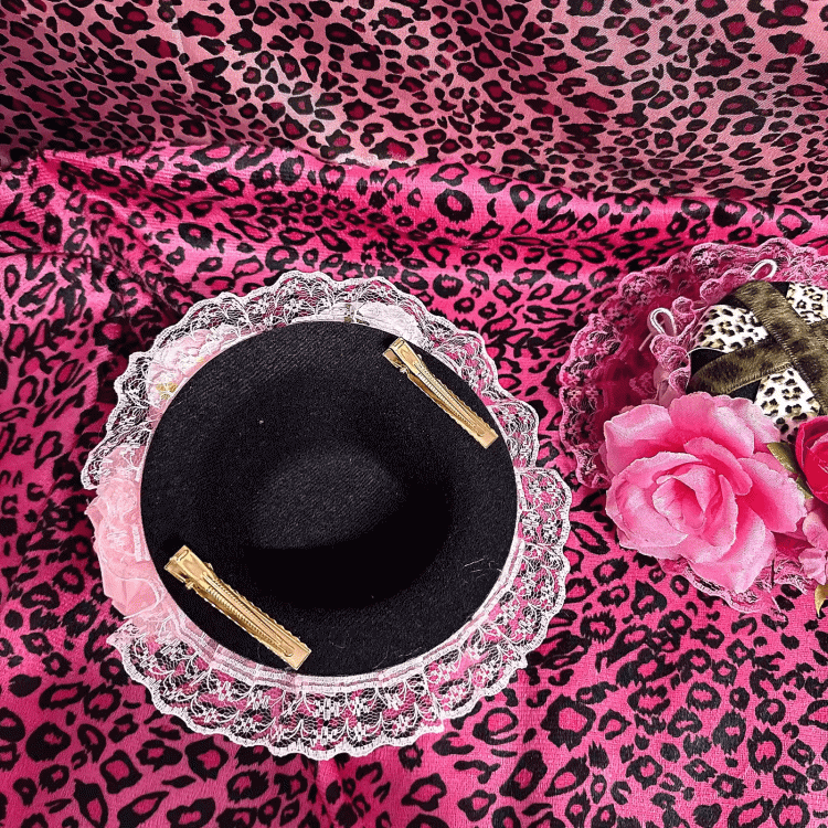 Hime Opulent Ruffled Rose Leopard Print Hat Mini Gyaru Pink/Rose Lace Red Trim with