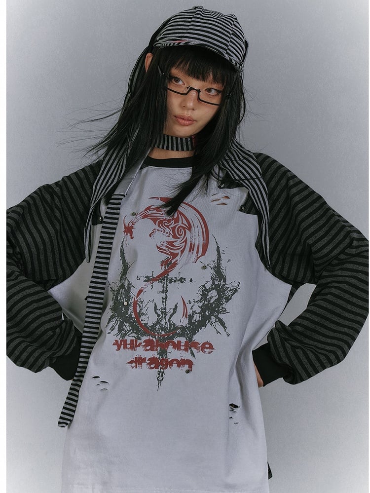 and Colorblock Long Sleeves Striped with Black and Gray Top Punk Print Design