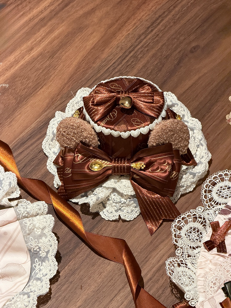 Ears Bowknots Lolita Mini Lace-Trimmed Bear with Brown Hat White