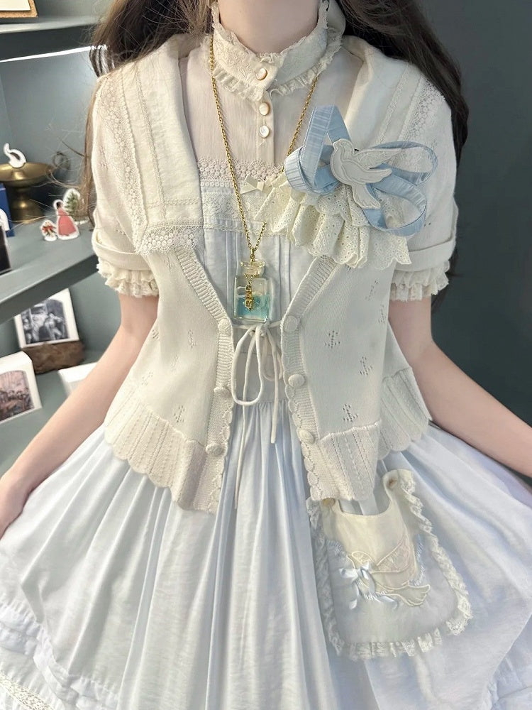 with Scalloped Beige Knitted Perforated Lolita Cardigan Short-sleeved Edge Trim