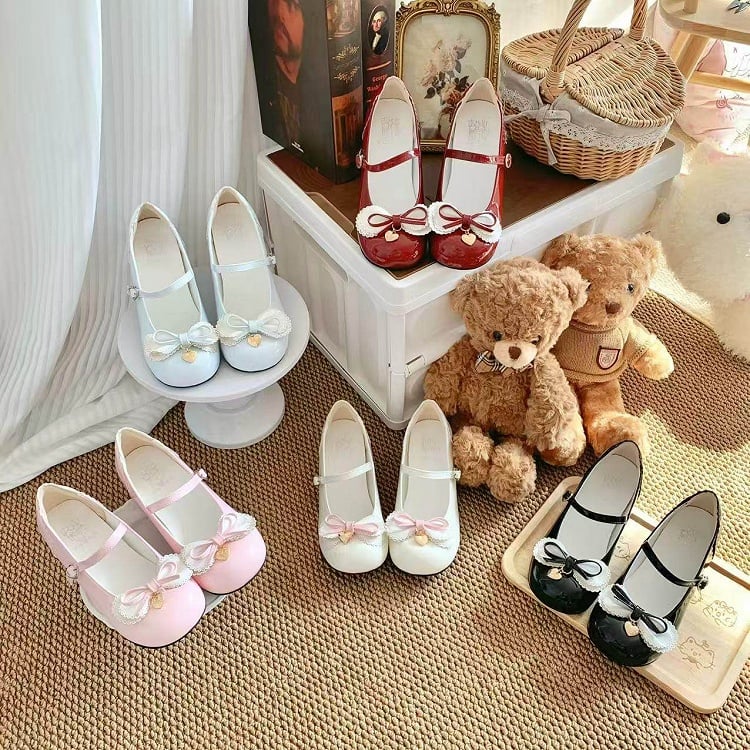 PU Bow Sweet 5cm Janes Golden Heart Heeled - Charm Accents Mary Red