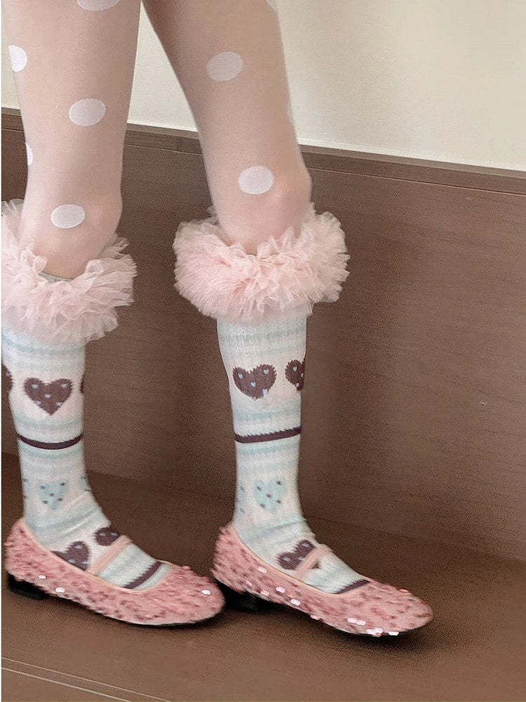 Socks Tulle Sweet Ruffle Pattern Heart Pink with Trim Calf