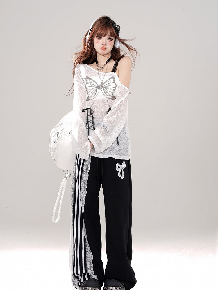 Blokettecore Black/White Bowknot Wide-leg Pants Cut Print
