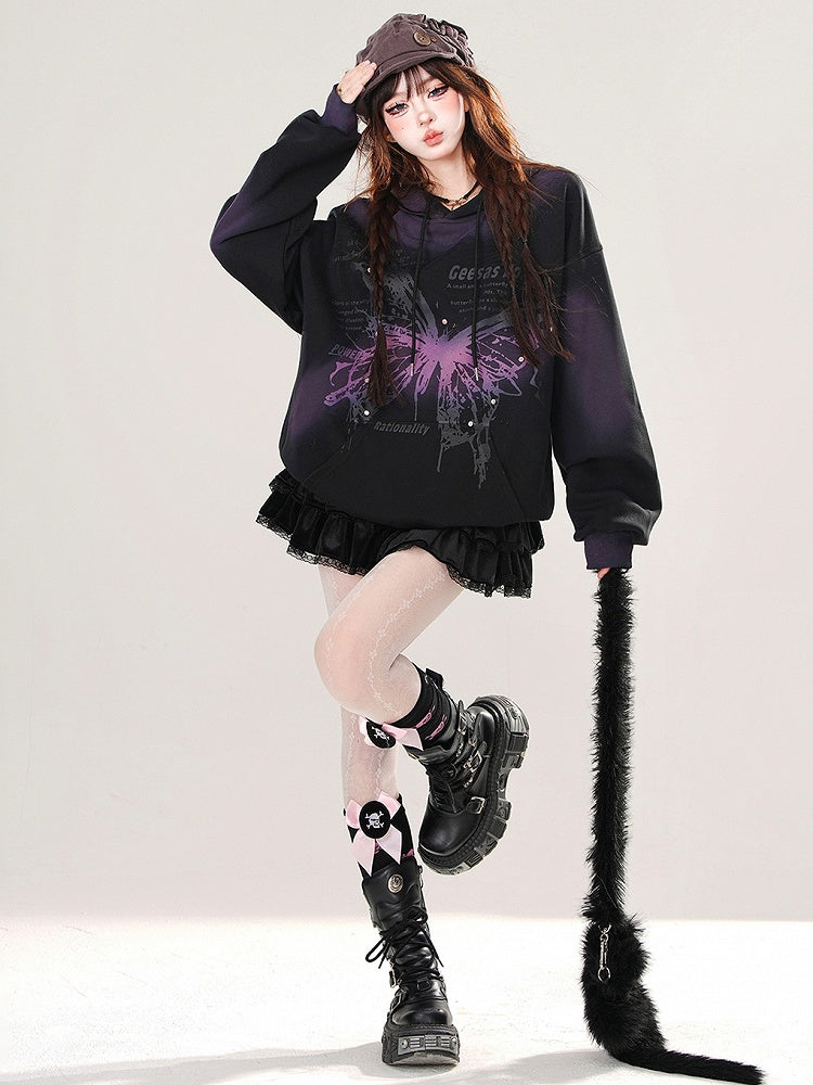 Black/Red Butterfly Tie Dye Loose Hoodie