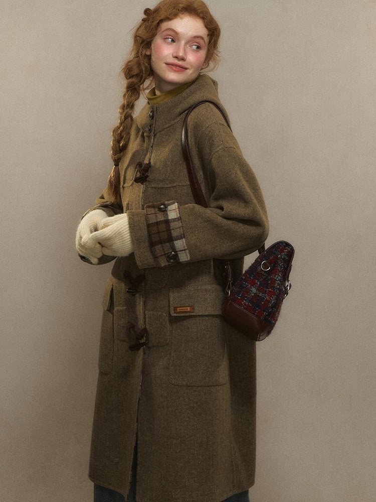 and Duffle Hood Coat with Wool Plaid Brown Lining Long