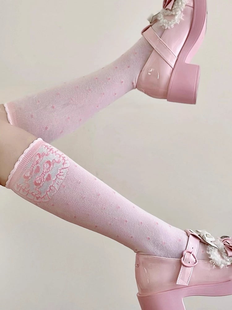 Rosa Lolita-Socken mit Druckmuster und Schleife und Punkten