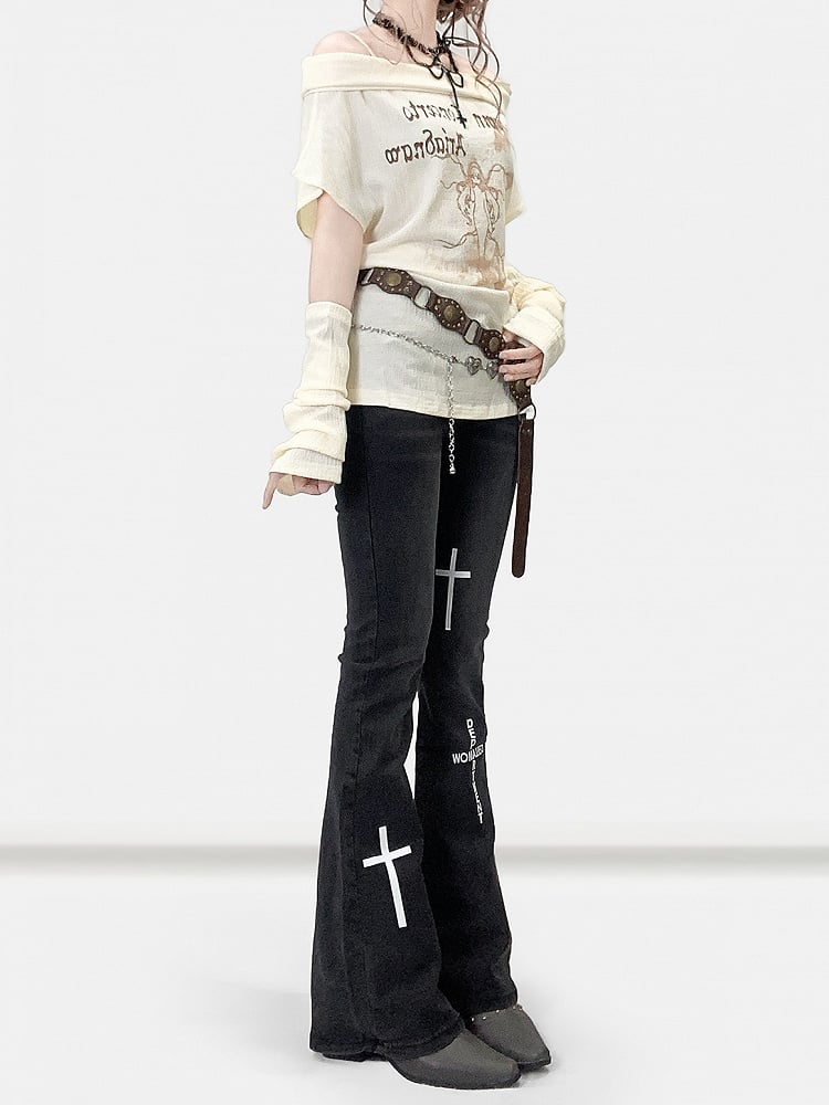 Flare Black Wings Print Y2K Jeans und Silhouette Kreuz