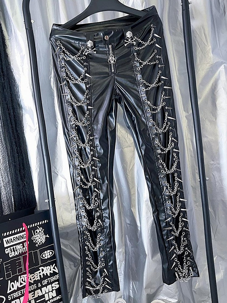 Black PU Decorated Studs Trousers Punk Chain Cross And
