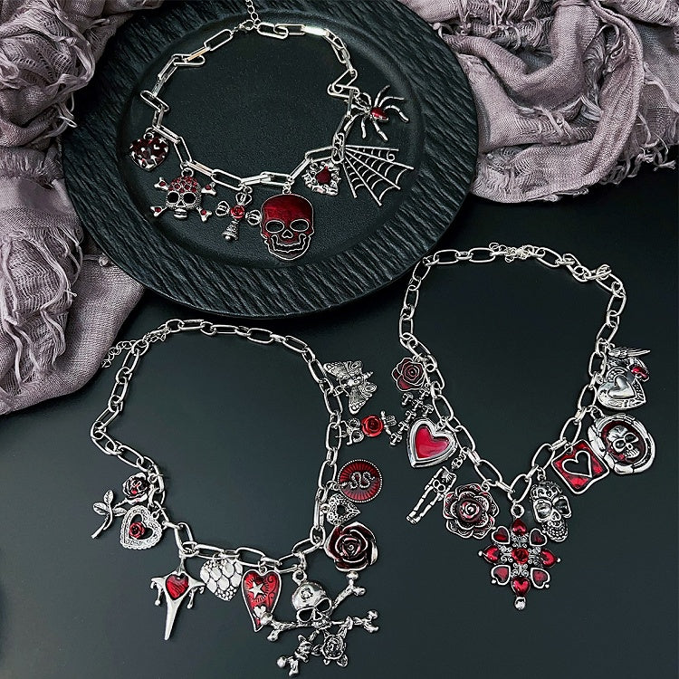 Optionen Blumen und 3 Skelett Y2K Halskette Herz Anhänger