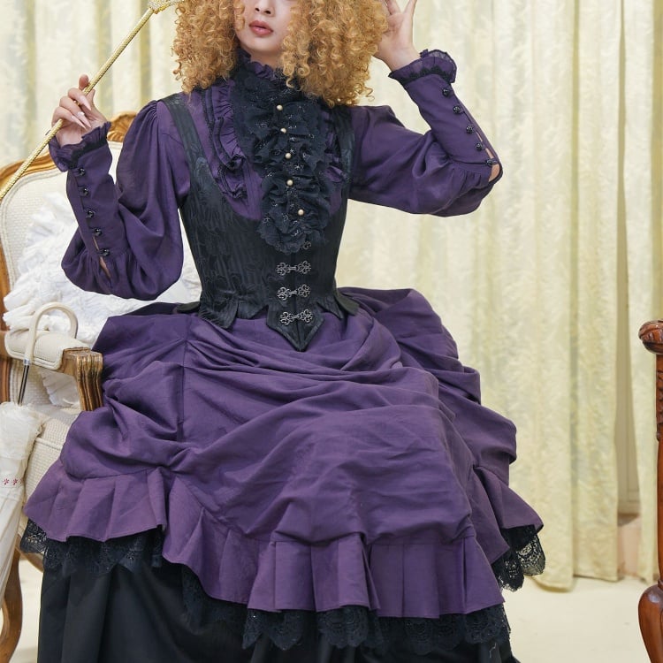 Purple Shirt Black Boned Waistcoat Skirt Set