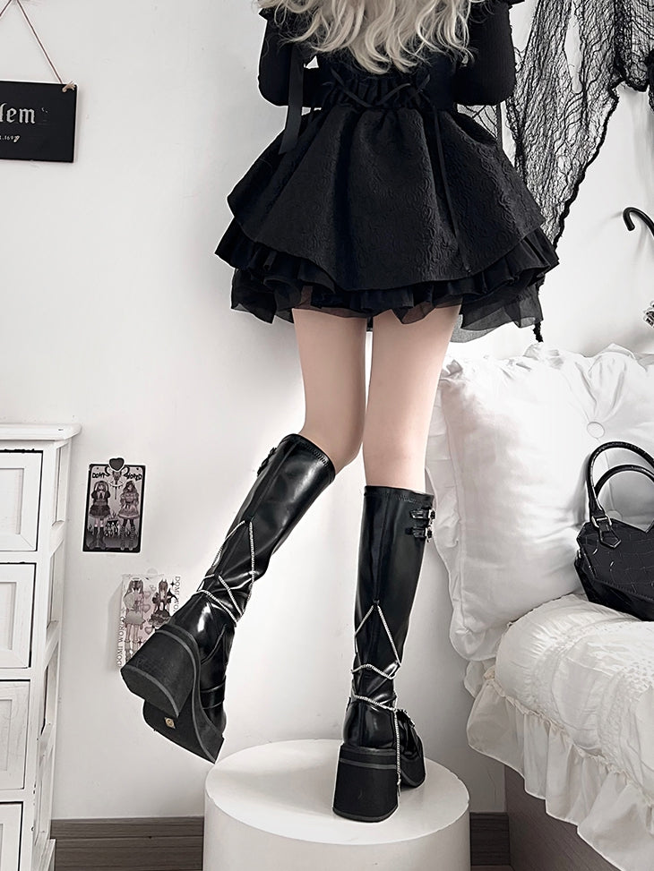 Knee-high Gothic Y2K Detachable Polished with Cross Chains in Black Boots Platform Buckles Coffin