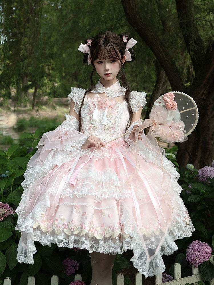 Chinoiserie Pink Lolita JSK with Lace, Choker & Full Set - White Sugar Girl