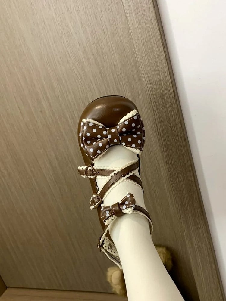 Lolita Dark Low-heel Shoes Brown Crossed Embellished Polka Sweet with Bows Straps