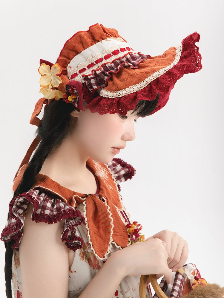 Red and Bonnet Lolita Floral-Accented in Orange Vintage