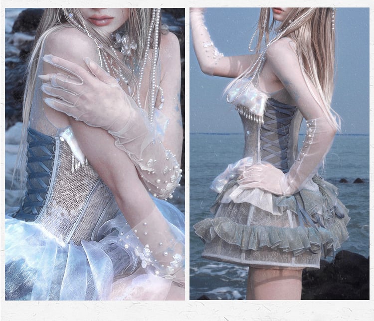 Pailletten Vogelkäfig + Quallen Kleid Overlay Korsett Stäbchen Saum Design Glänzend