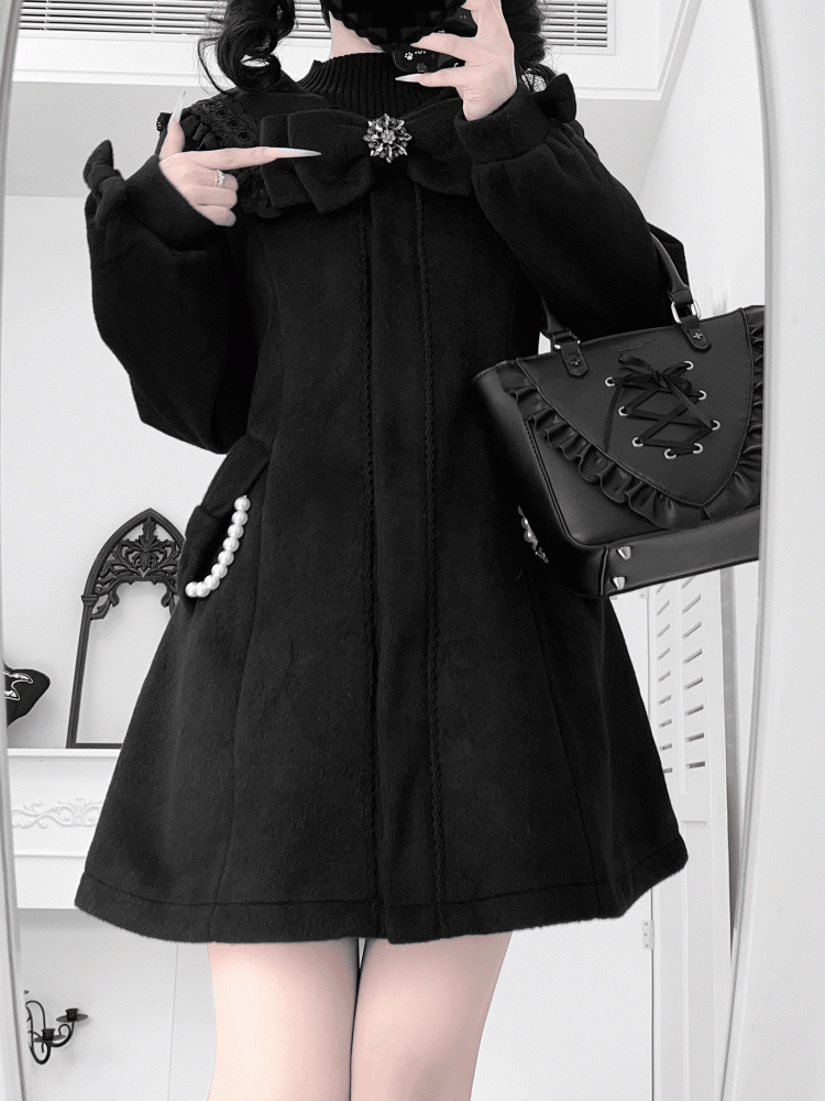 Jirai Kei Black Wool Blend Coat with Lace Sailor Collar and Beaded Chain Accented Pockets