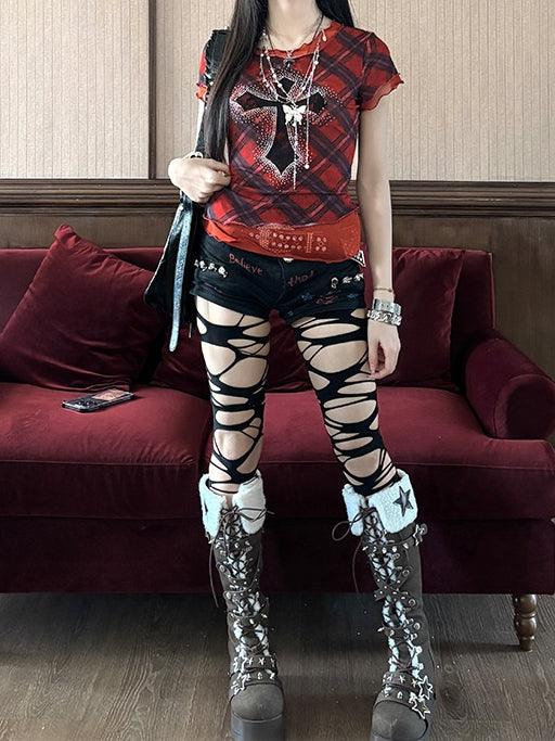 Embellished Glamorous Mesh T-Shirt Cross Y2K Punk Rhinestone Red Plaid Pattern
