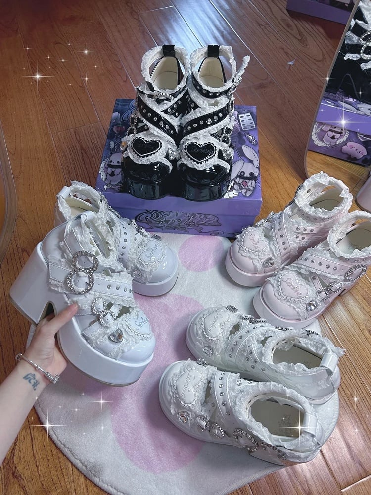 Jirai Buckle with Rhinestone Block Toe and Lace High Heel Embellished Black Straps Shoes: Round Cross Platform Kei