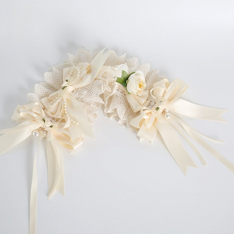 Bowknot And Bead Lace Sweet Hairband Lolita Beige With Floral