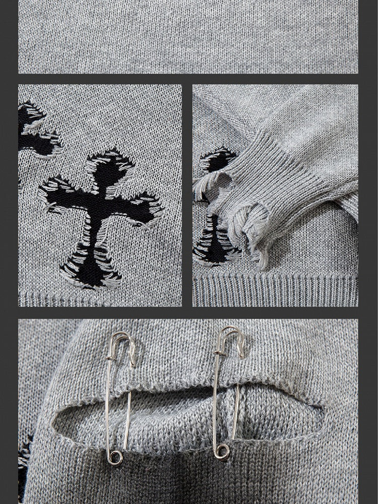 Y2K ブラック/グレー クロスシェイプ ダメージ加工 ホールズ ラウンドネック セーター