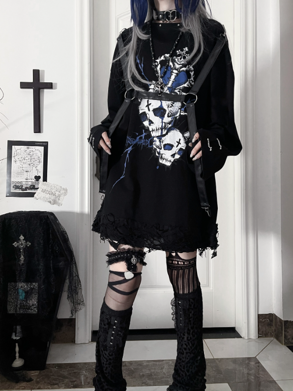 PU Subculture Print Top Heart with Straps Accents Chain Punk Blue Cuff Long-Sleeve Black
