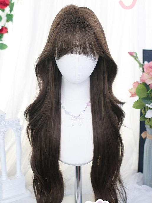 65-70cm Wigs Brown Bangs Wavy Long With Air