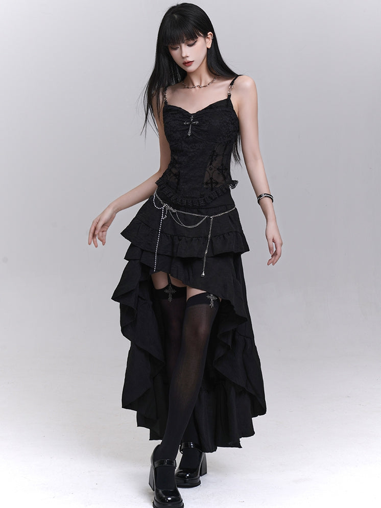 with Beaded Black Lace Patches Waist Cross Decorated Cami Top Chains