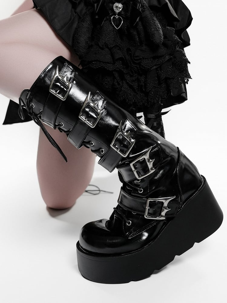 in Boots Security Sole Punk Knee-high System PU with Hybrid Style Black Platform