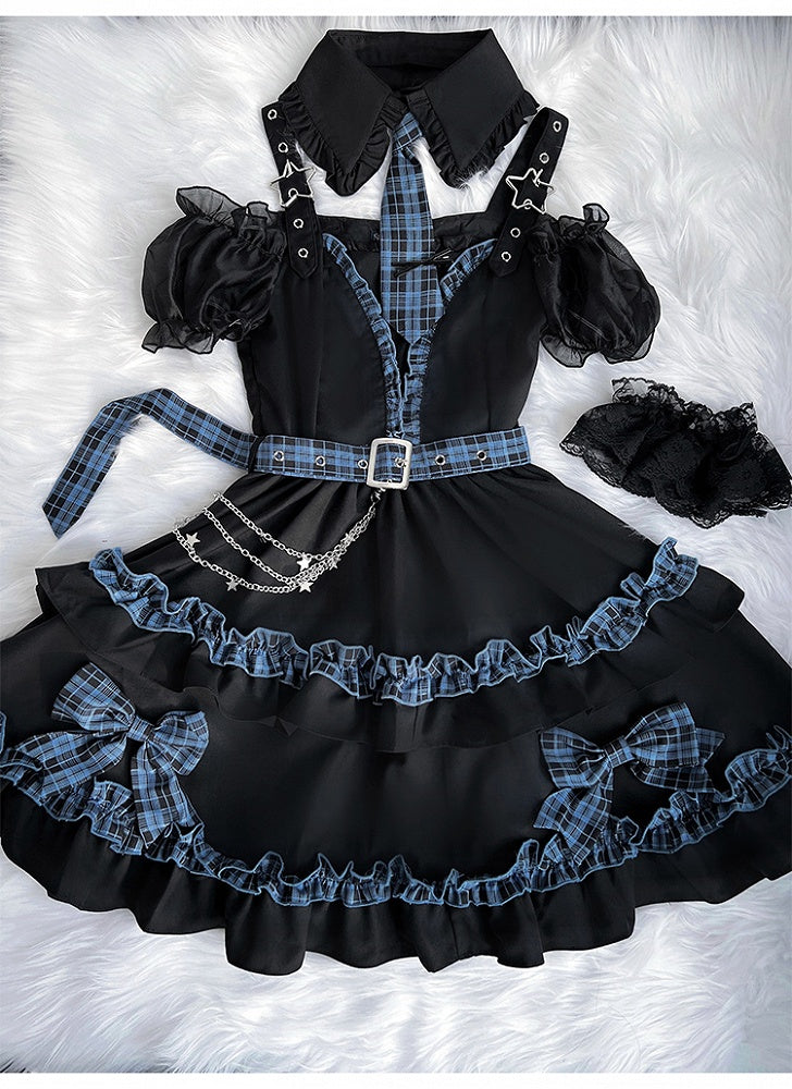 Vollschulter-Set und blau karierter Rock Idol Lolita-Kleid mit gestuftem Ausschnitt in Schwarz