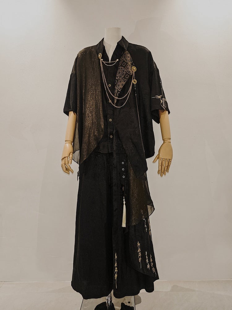 Gothic Chinoiserie Lolita Short Sleeve Blouse and Wide Pants Set - YING YUE