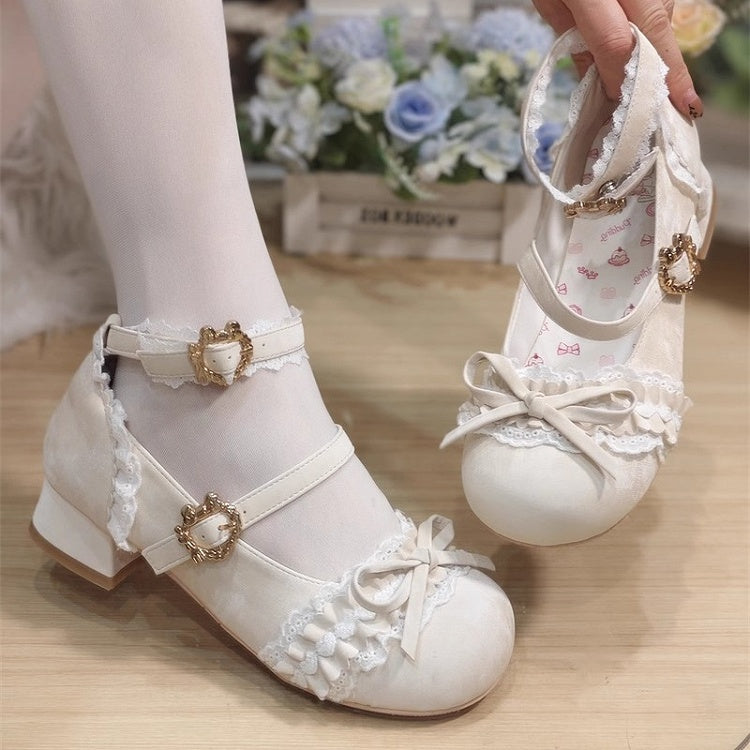 Sweet Snap Heart Bow with Closure Janes Mary PU Beige - Knotted Lace Lolita Trim