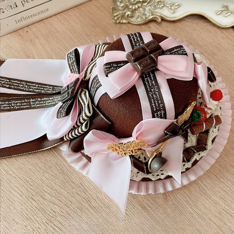 Sweet Lolita Chocolate Decorated Bowknot Details Lace Trim Mini Hat