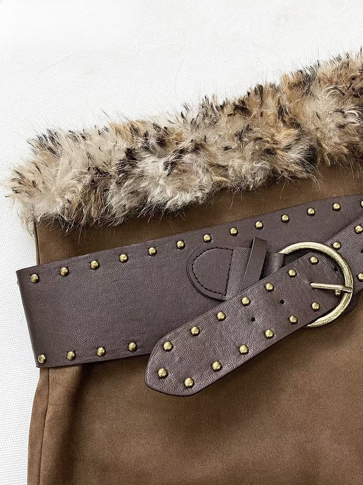 バックルベルト付きコーヒーシャギーウエストラインスカート