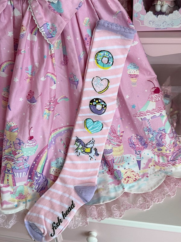 Over Striped Knee Donut Unicorn Pattern Print Lolita Pink/Yellow/Blue/Purple Stockings