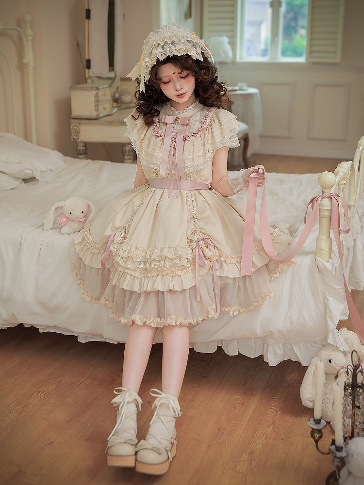 Beige Rosette Jacquard Lolita OP Dress with Layered Ruffles - With PUJI