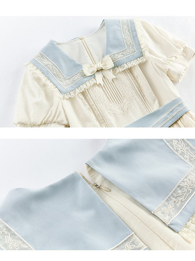Lace Milk White Sailor Dress Puff Sleeves and Trim Collar Lolita with Light Blue