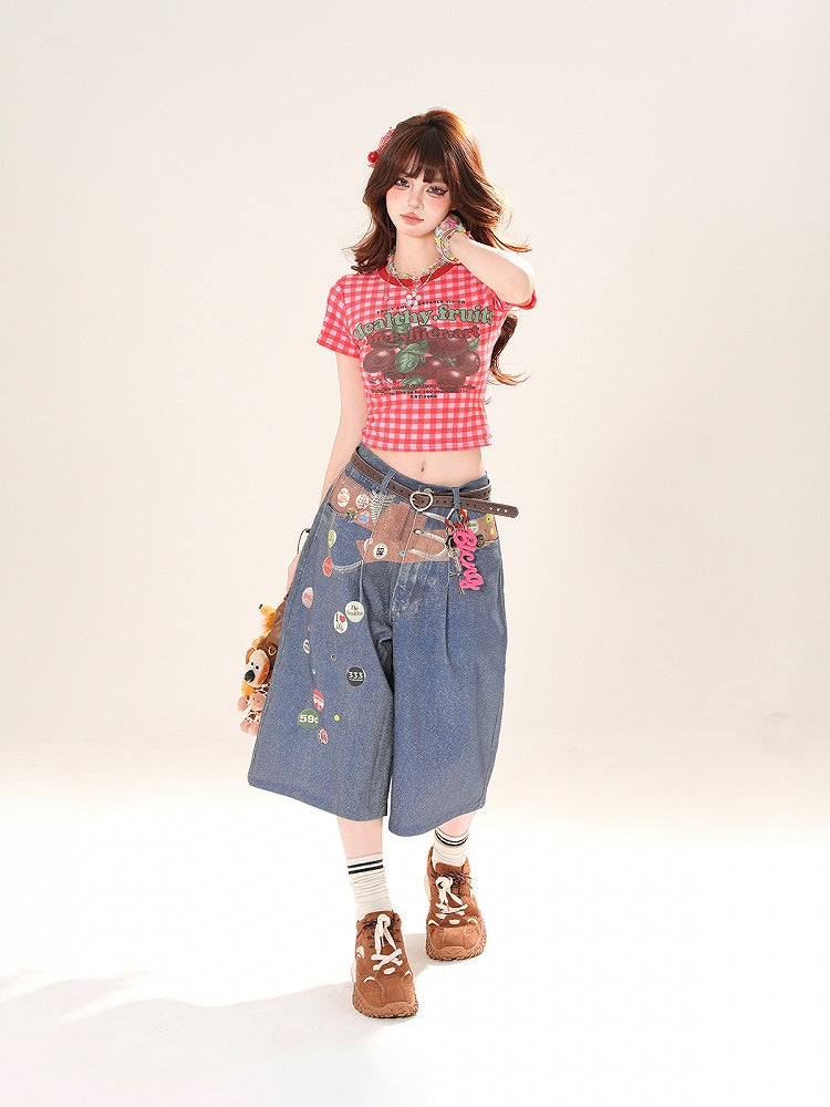 レッドチェック柄ラウンドフルーツプリントクロップドTシャツネック