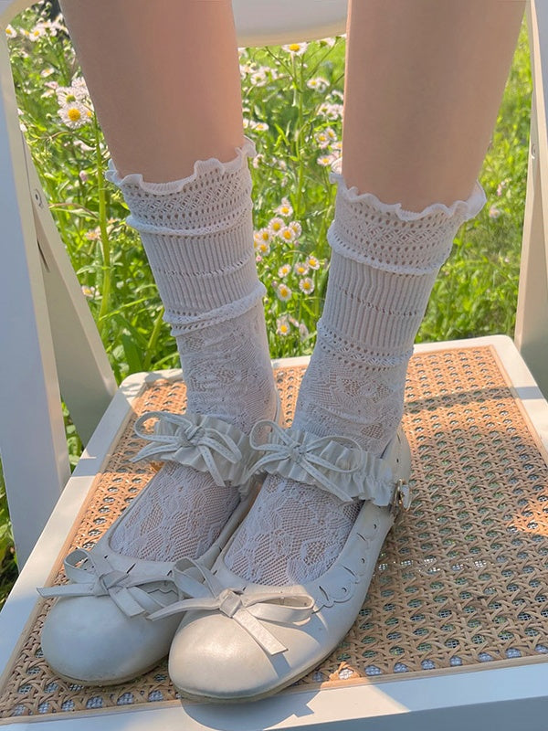 Trim Ruffled Socks White/Black Pattern Lace Camellia