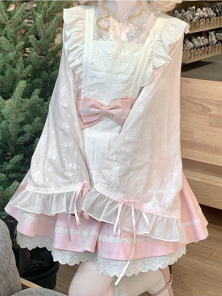 ピンク&ホワイトの桜ジライケイ フルセット - ベルスリーブトップ+パフスカート+エプロン 桜祭り 和風衣装