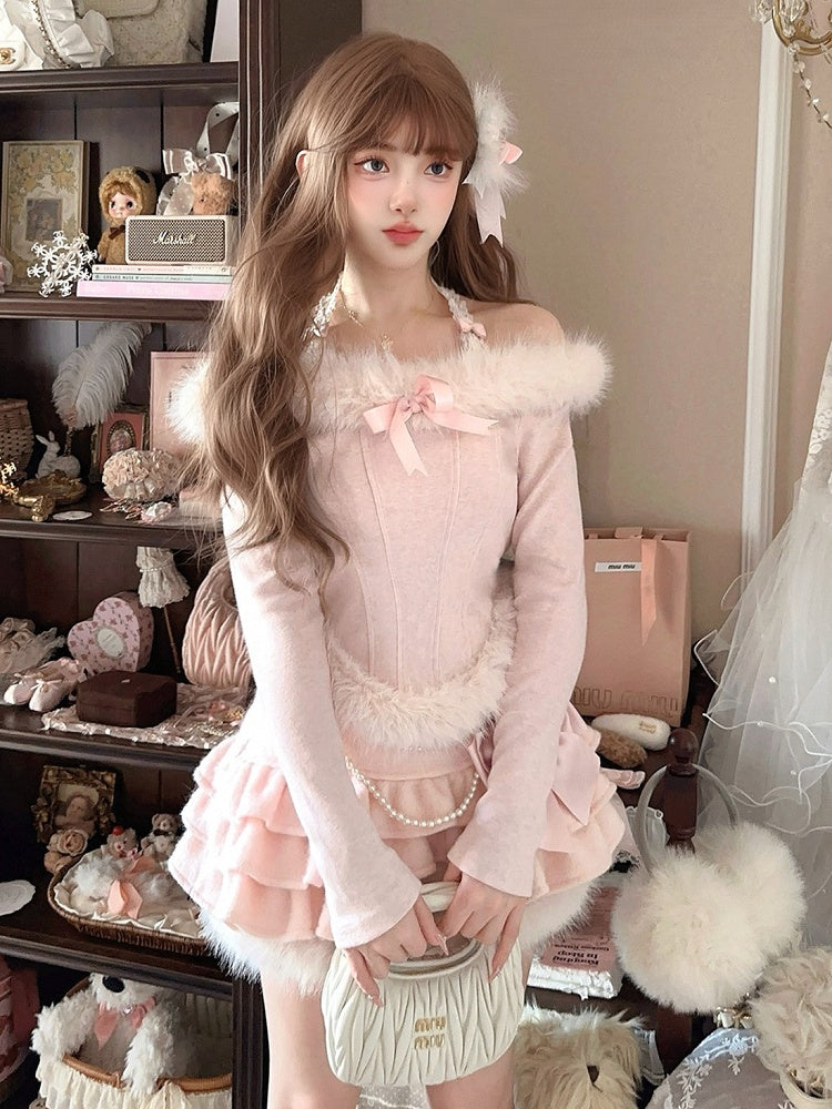 Pink Off-Shoulder Knit Top With Faux Fur Charming Bow Accent